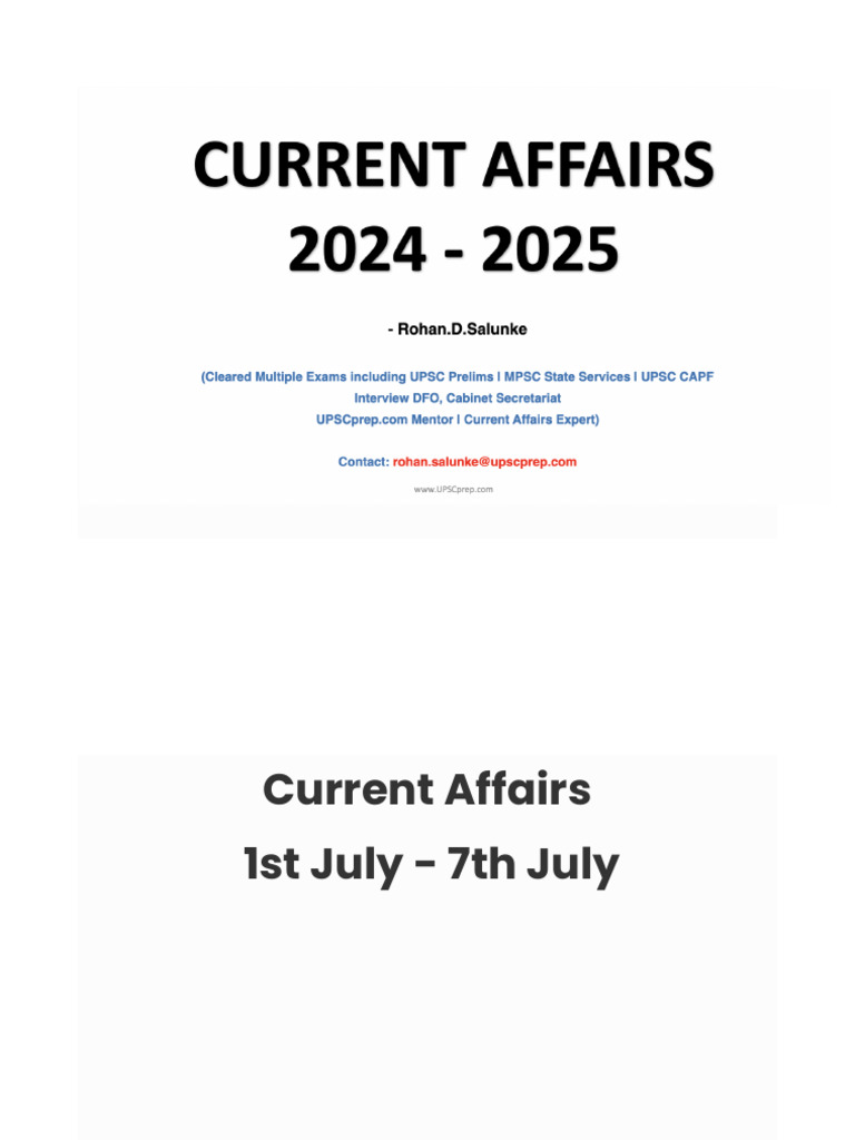 Current Affairs Weekly Lecture 1st July 7th July Download Free