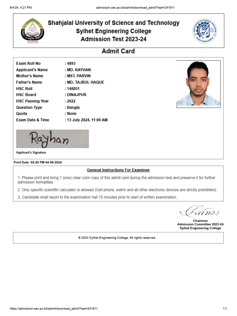 Admission - Sec.ac - BD Admit Download Admit Tset 241911 | PDF