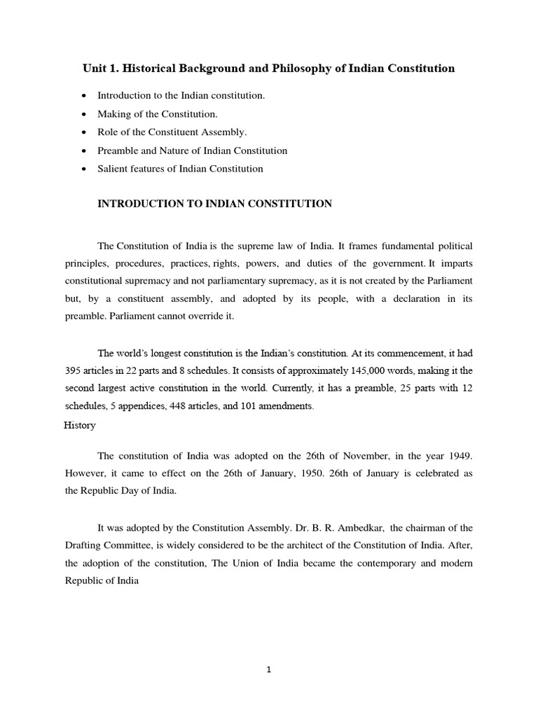 Unit I Indian Constitution | PDF | Separation Of Powers | Constitution