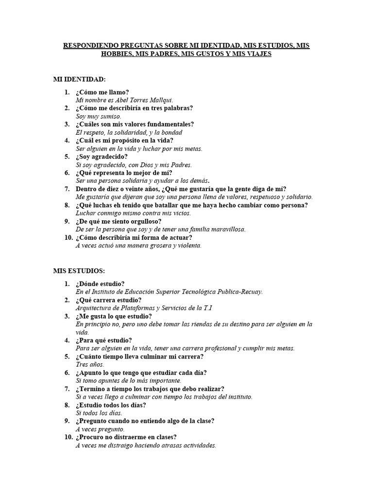 Respondiendo Preguntas Sobre Mi Identidad | PDF | Relaciones personales