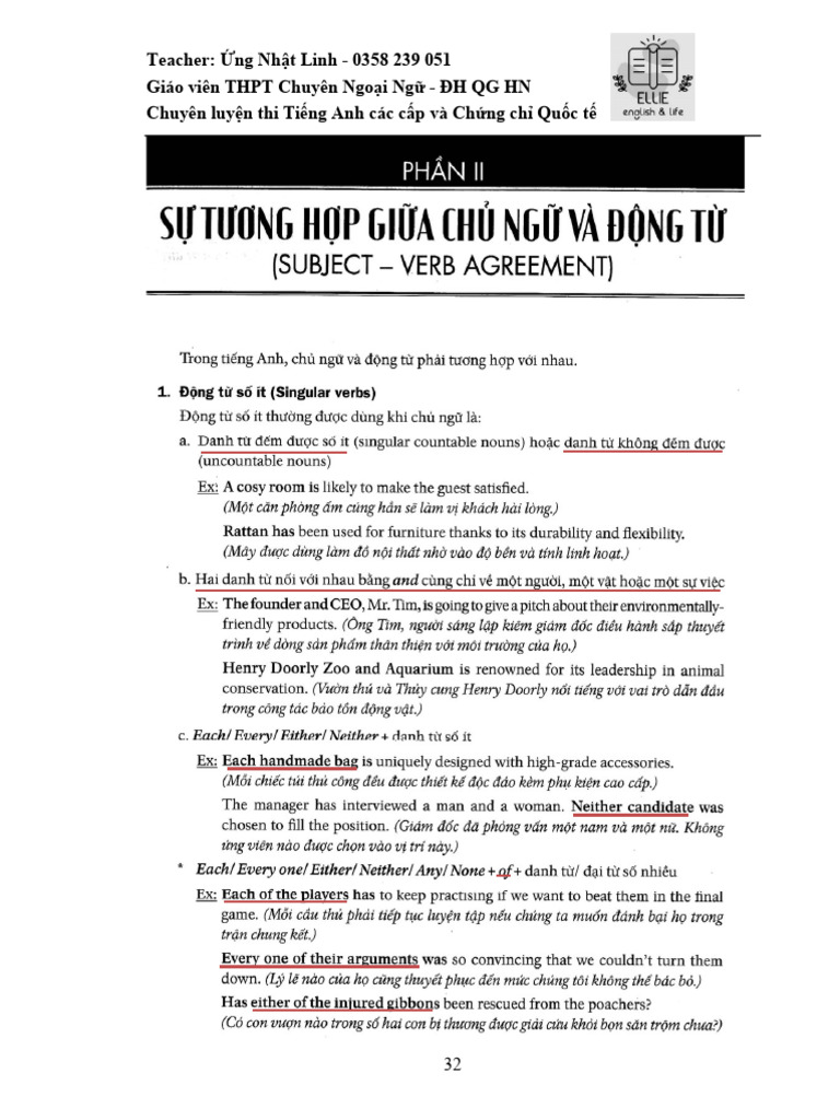 2. Chuyên đề Ngữ pháp Subject - Verb Agreement - Key buổi 2 | PDF