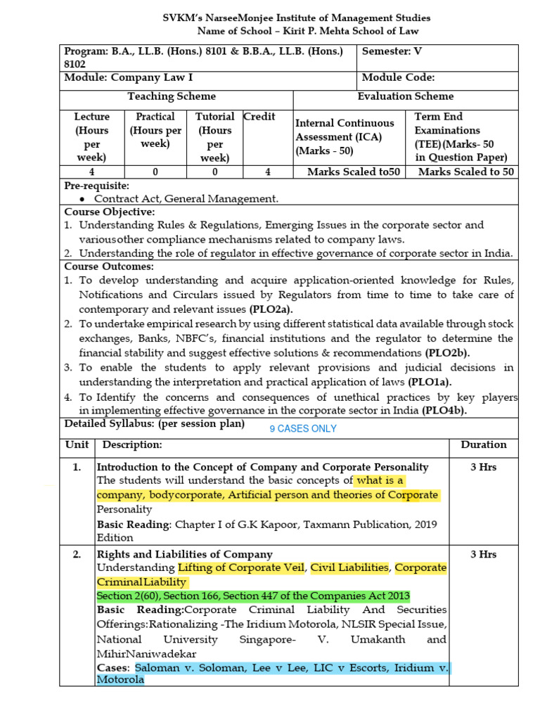 Company Law Course Outline | PDF | Governance | Dividend