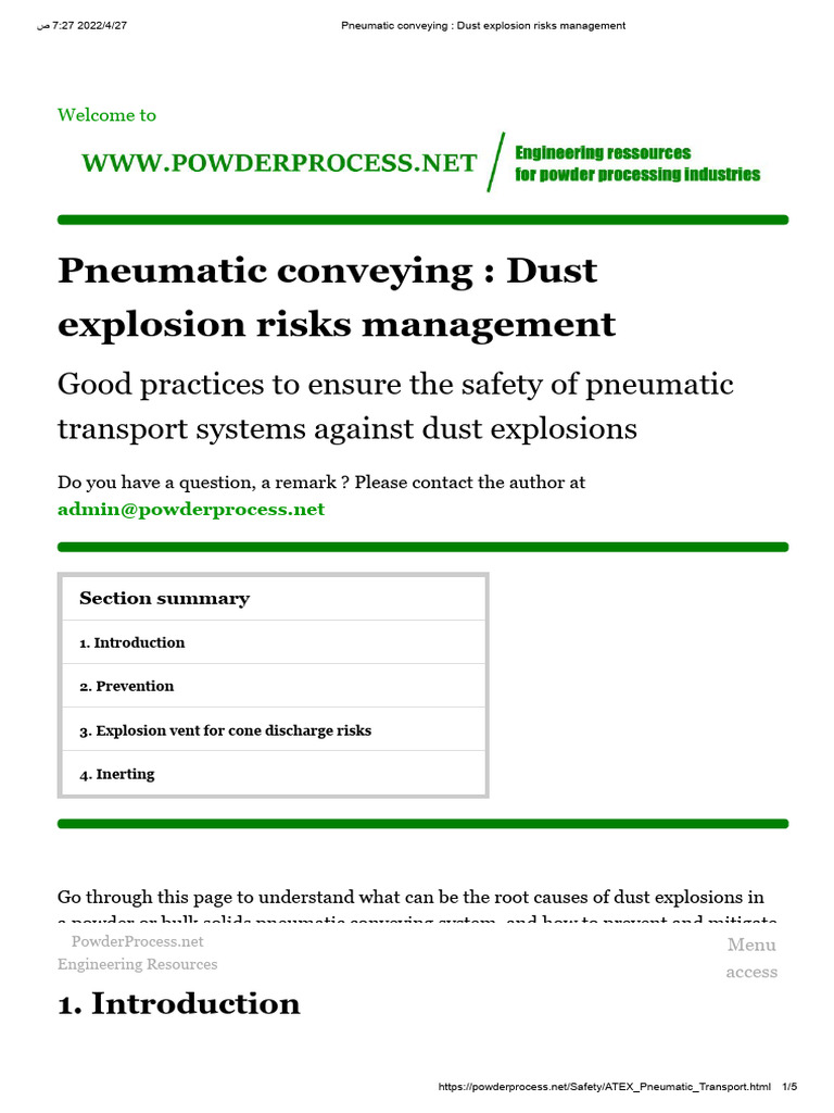 Pneumatic Conveying - Dust Explosion Risks Management | PDF ...