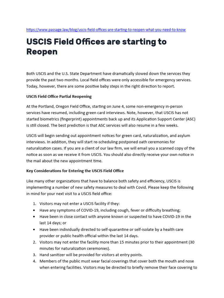 USCIS Field Offices are Starting to Reopen | PDF | United States ...