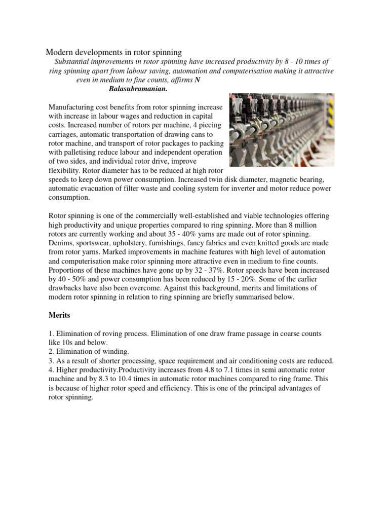 Advances in Rotor Spinning Technology | PDF | Spinning (Textiles) | Yarn