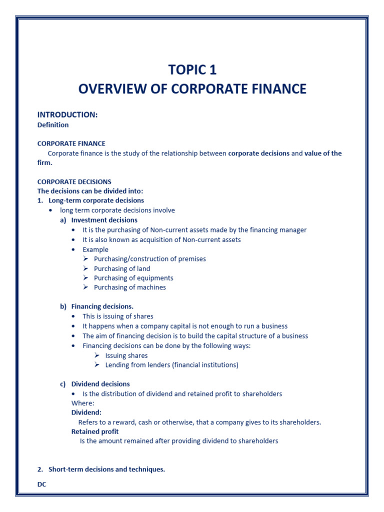 Overview of Corporate Finance Concepts | PDF | Dividend | Stocks