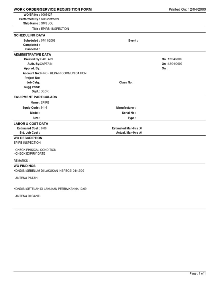 EPIRB Inspection Work Order Form | PDF