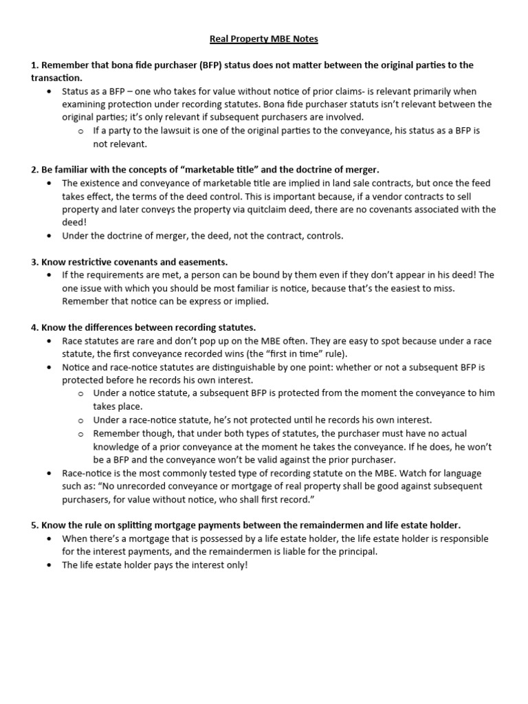 Real Property MBE Exam Study Guide | PDF | Deed | Conveyancing