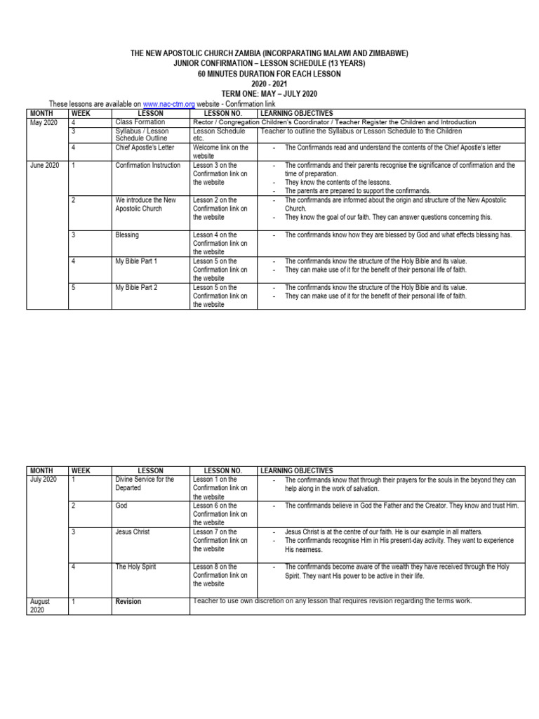 Junior Confirmation Lesson Schedule | PDF | Confirmation | Baptism