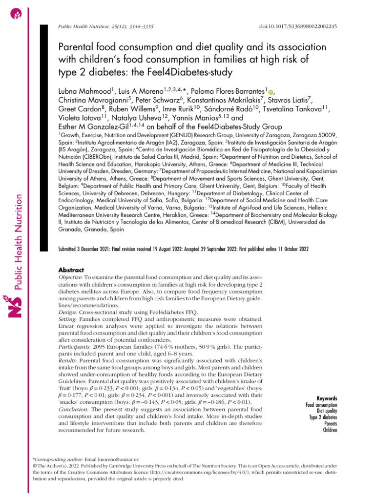 Parental Food Consumption and Diet Quality and Its Association | PDF ...