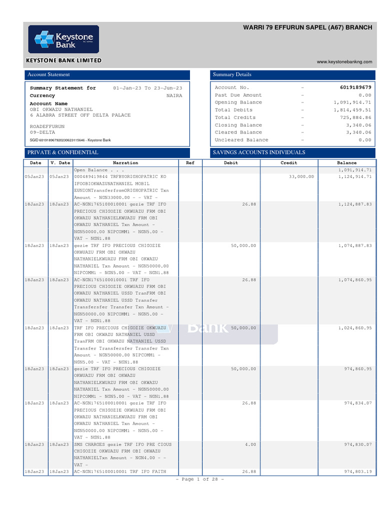 Nathaniel Obi Statement | PDF | Debit Card | Personal Finance