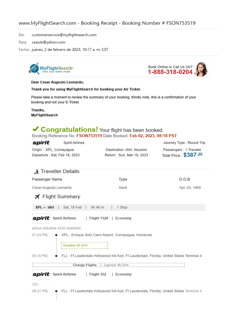 Yahoo Mail - www.MyFlightSearch.com - Booking Receipt - Booking Number ...