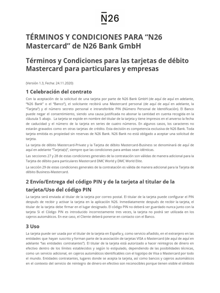 N26 Mastercard T RMINOS Y CONDICIONES PDF Tarjeta De D bito 