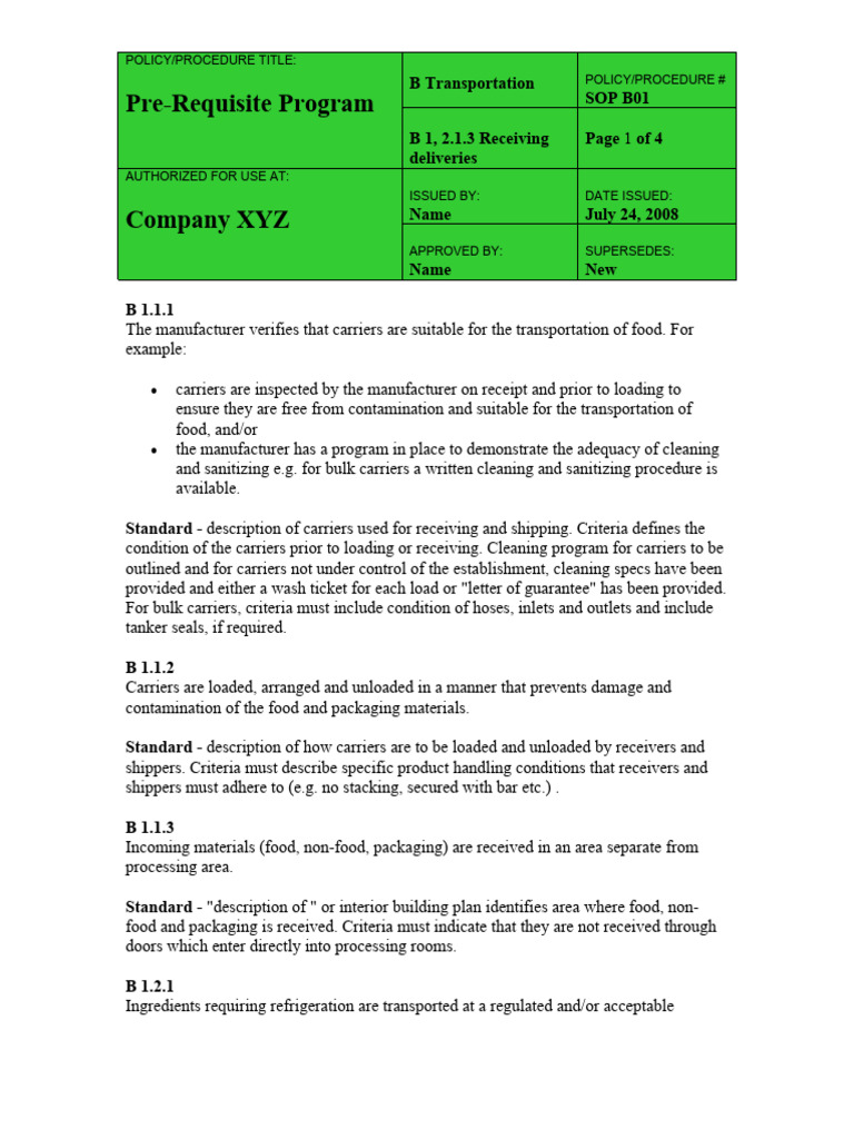 SOP B01 Receiving deliveries PDF Packaging And Labeling