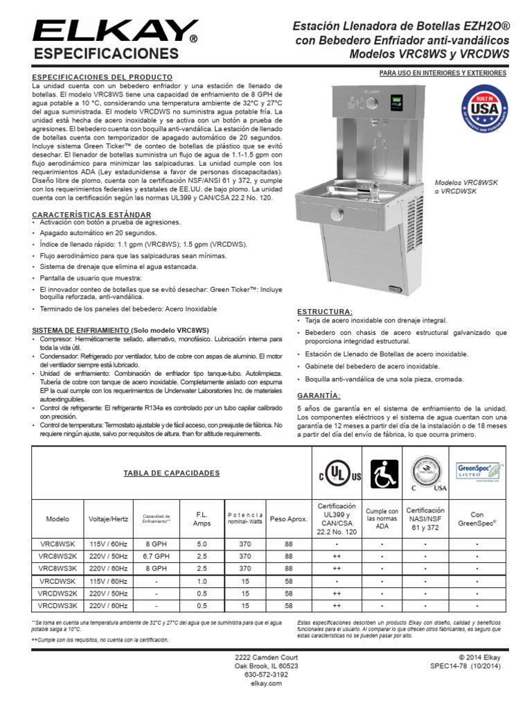 Spanish Specsheet vrc8 VRCD | PDF | Agua | Acero