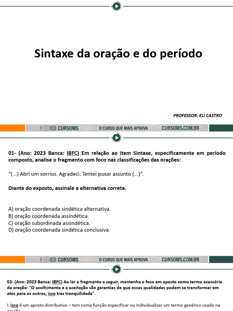 Sintaxe da Oração e do Período | PDF | Assunto (gramática) | Predicado ...