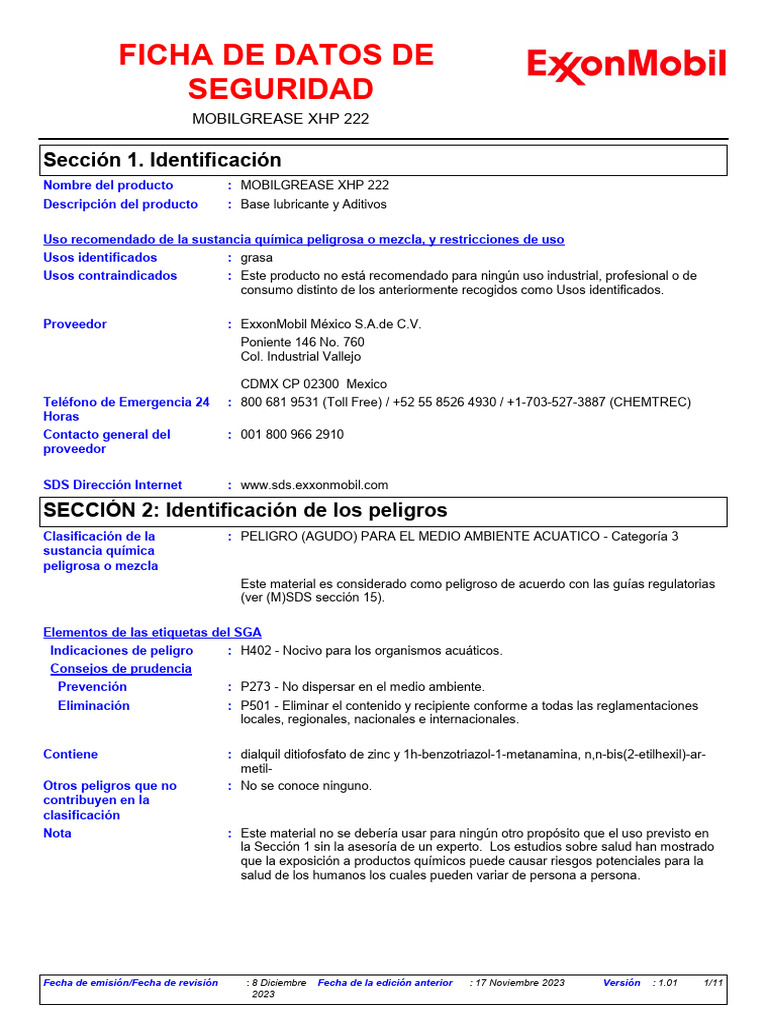 MSDS Mobilgrease XHP 222 PDF Destilación Solvente