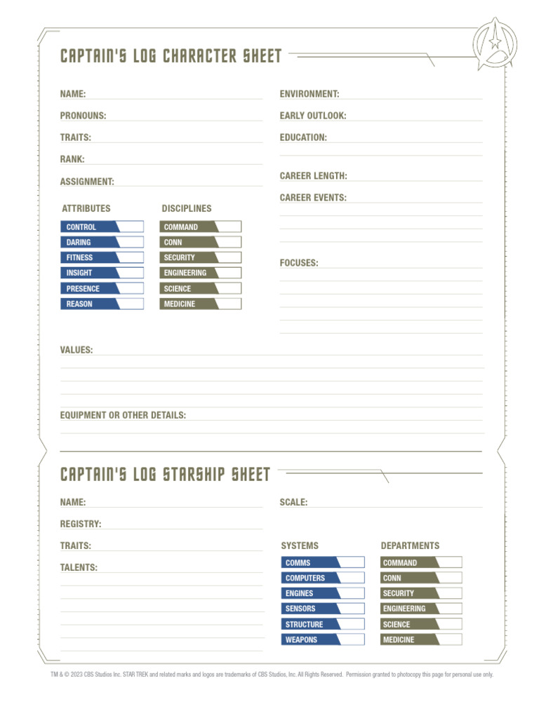 Captain's Log Character Sheet Template | PDF