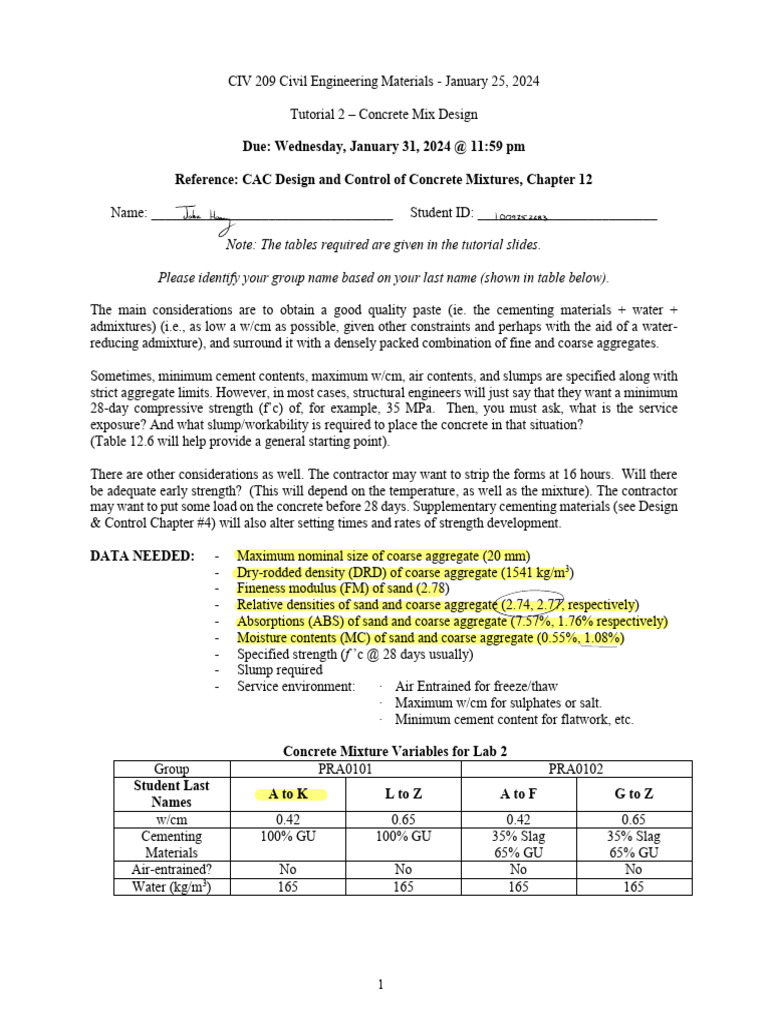 CIV209+Tutorial+2+Assignment+-+Mix+Design+-+W2024 | Download Free PDF ...