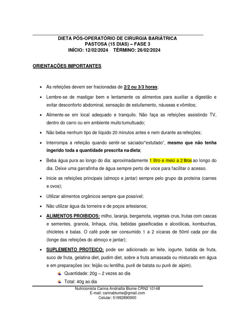DIETA FASE 3 - Cirurgia Bariátrica | PDF | Alimentos | Refeição