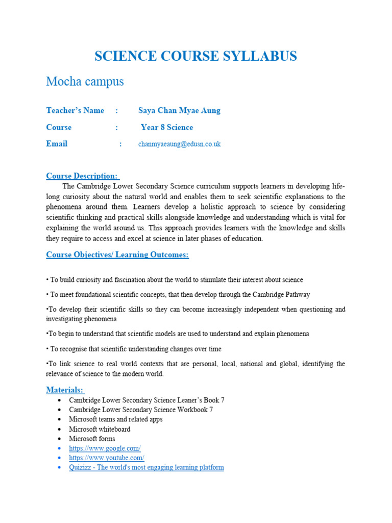 Year 8 Science Course Syllabus | PDF | Cellular Respiration | Chemical ...