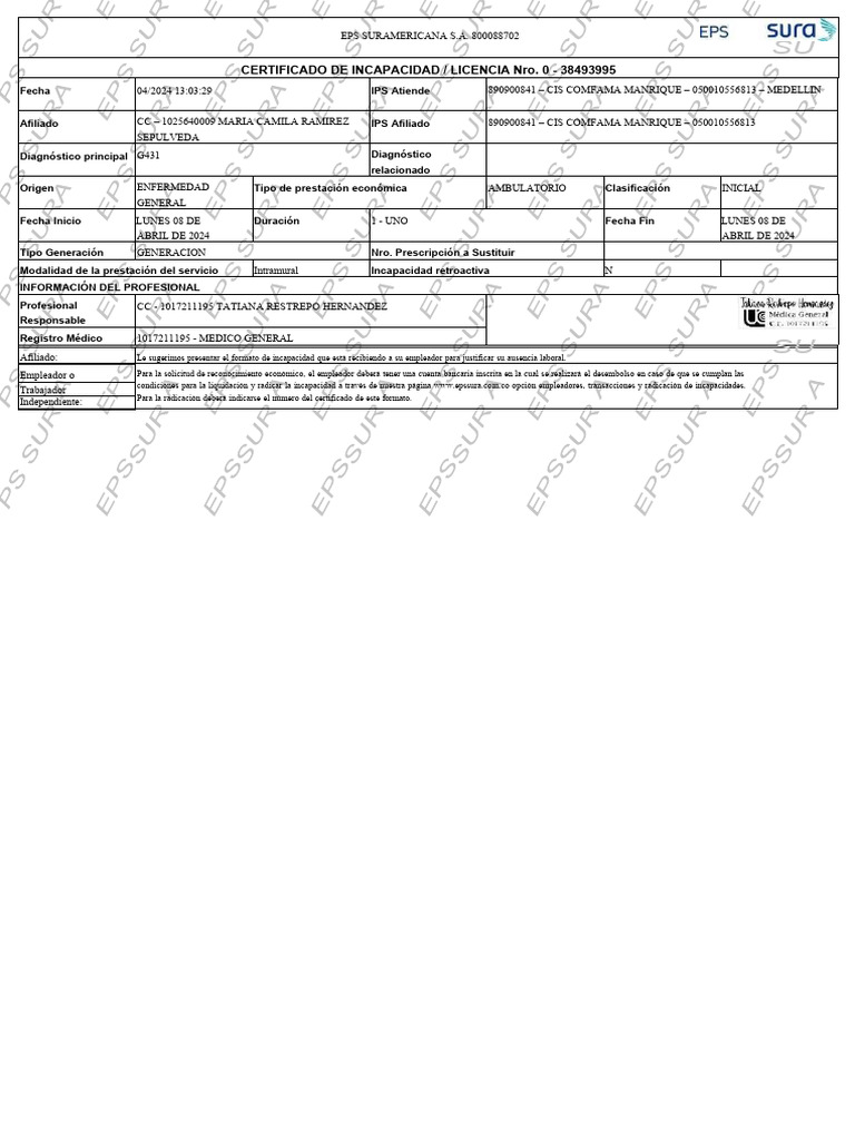Certificado de Incapacidad EPS Sura 2024 | PDF