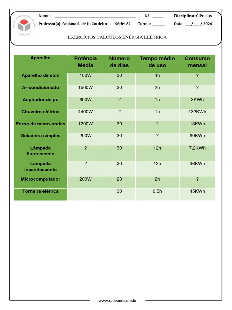 Cálculo de Consumo de Energia Elétrica | PDF