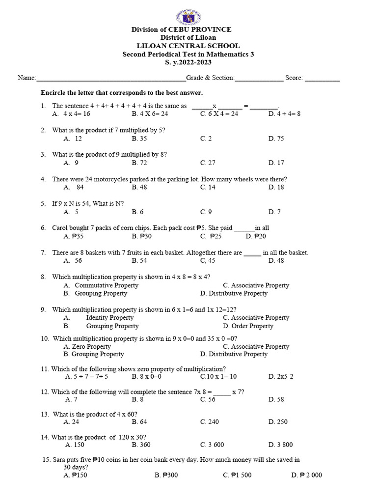 Second Periodical Test in Math 3 | PDF | Multiplication | Elementary ...