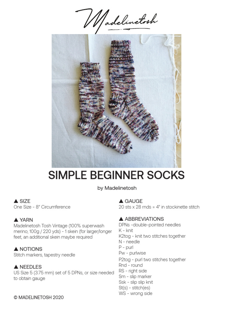 Madelinetosh Simple Beginner Socks - v3 | PDF | Knitting | Gauge (Knitting)