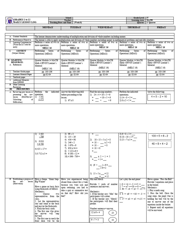 Grade 4 Math Daily Lesson Plan | PDF | Multiplication | Equations