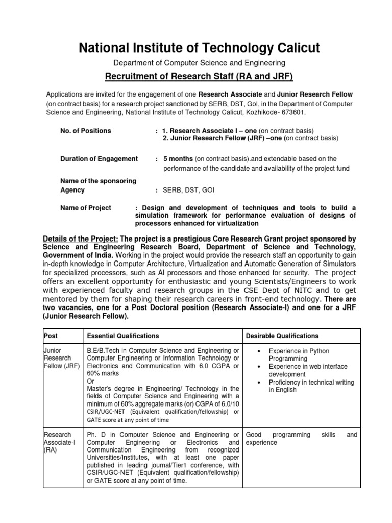 Research Associate and Junior Research Fellow at NIT Calicut | PDF ...