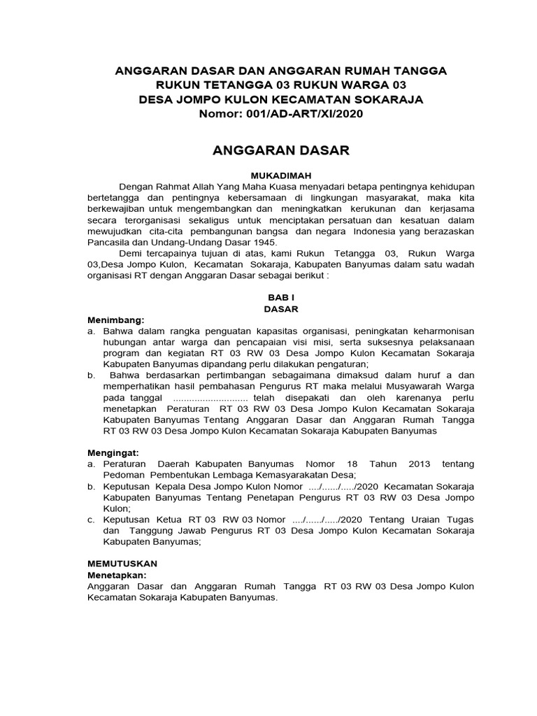 AD/ART Rukun Tetangga 03 Jompo Kulon | PDF