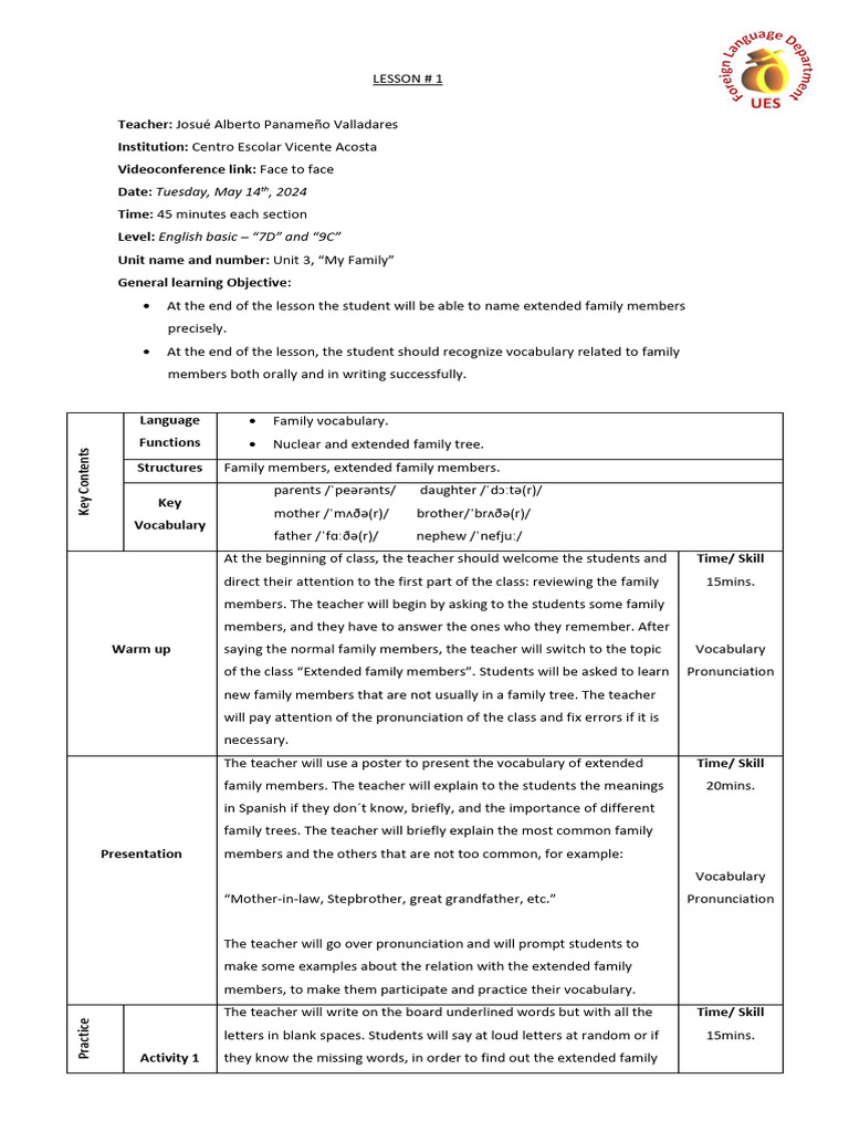 Lesson plan 1 45 min class 7d and 9c pdf teachers vocabulary