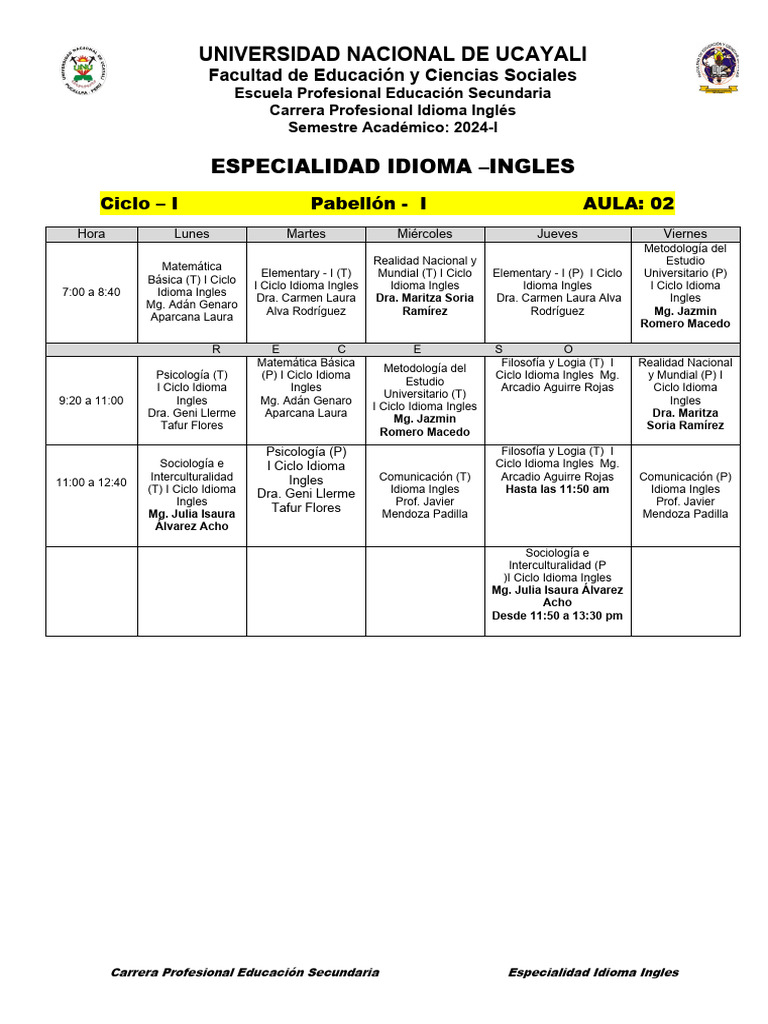 Horario de Clases Idioma Inglés 2024-I | PDF | Educación en artes liberales