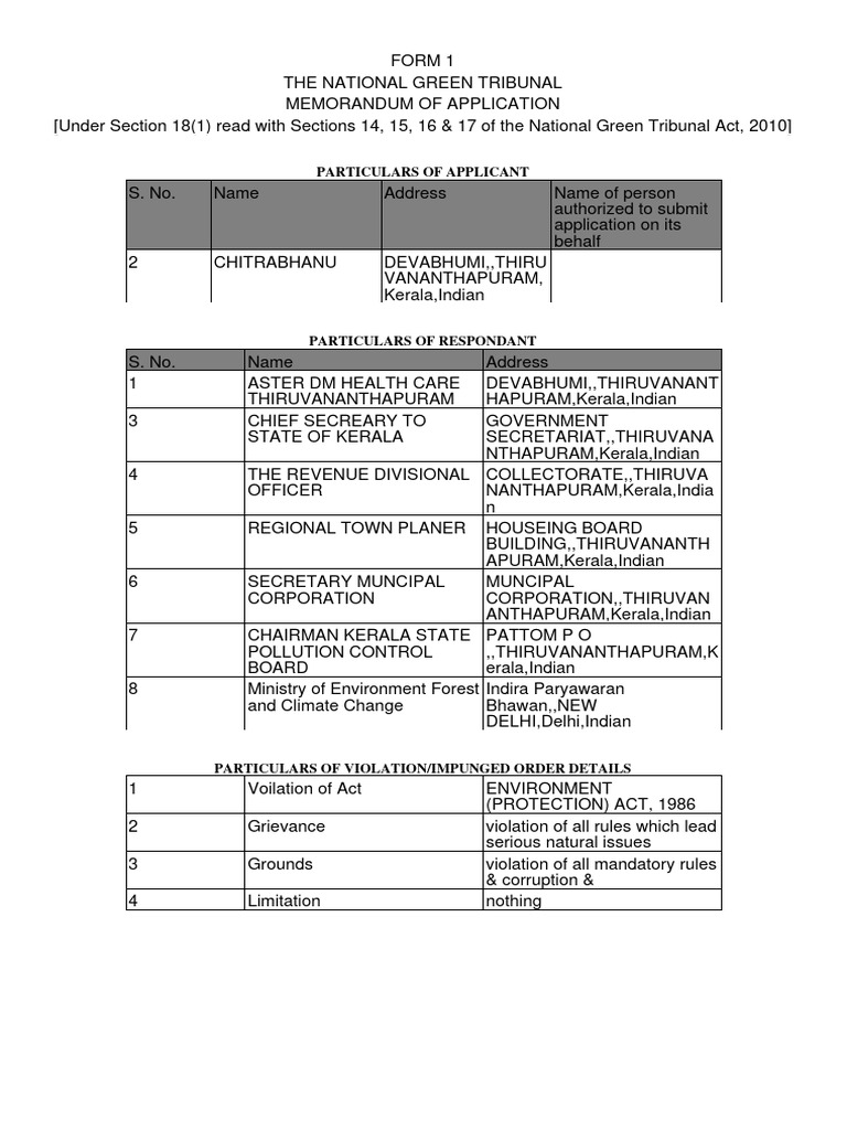 NGT Application for Environmental Relief | PDF | Kerala | Justice