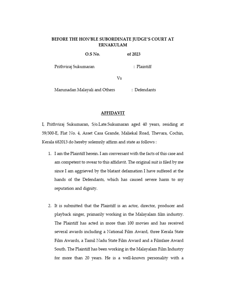 230610-Injunction Application-Prithviraj | PDF | Defamation | Damages