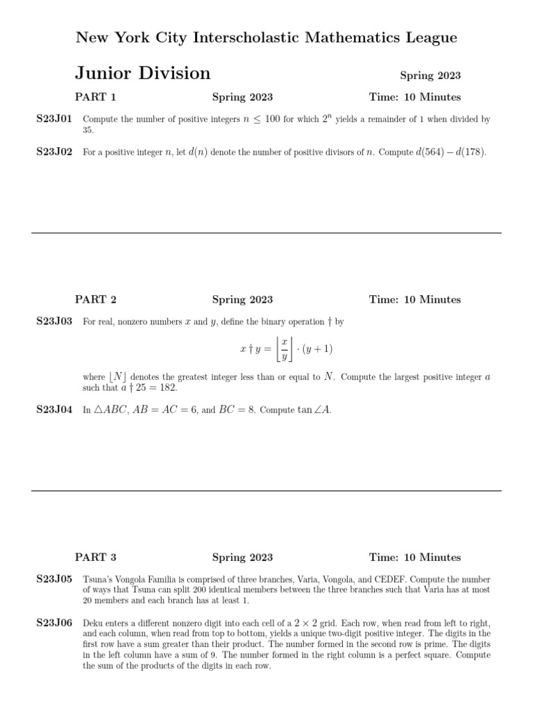 NYC Interscholastic Math League 2023 | PDF | Numbers | Elementary ...