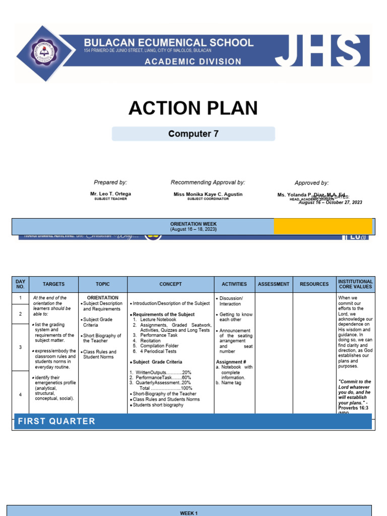 Action Plan Computer 7 Pdf Microsoft Excel Spreadsheet