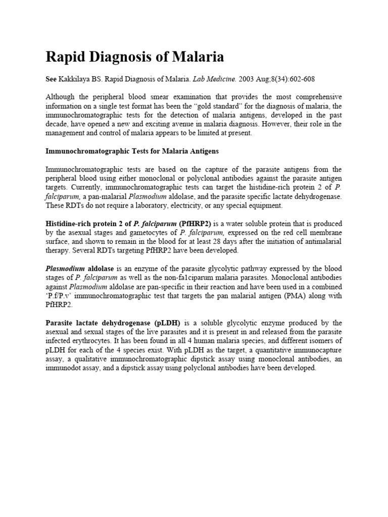 Rapid Malaria Diagnosis Techniques | PDF | Malaria | Plasmodium Falciparum