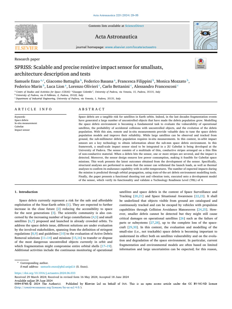 SPRISS: Impact Sensor for CubeSats | PDF | Space Debris | Satellite