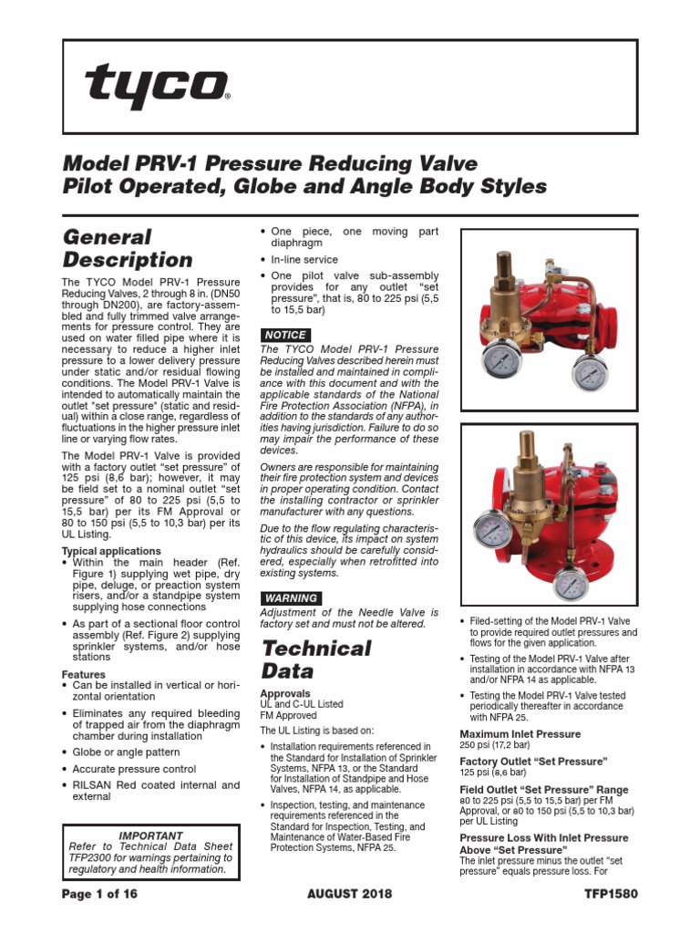 Tyco PRV-1 Pressure Reducing Valve Guide | PDF | Valve | Fire Sprinkler ...