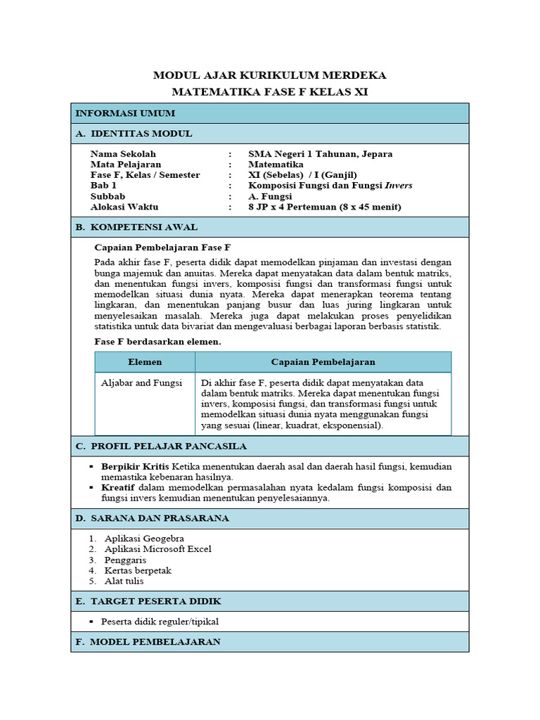 Modul Ajar Matematika Kelas XI Fase F | PDF