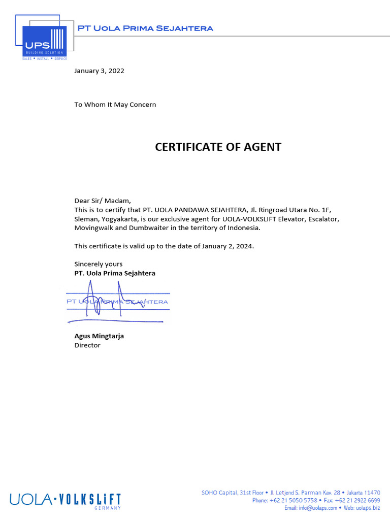 Certificate of Agent UPW 2022 | PDF