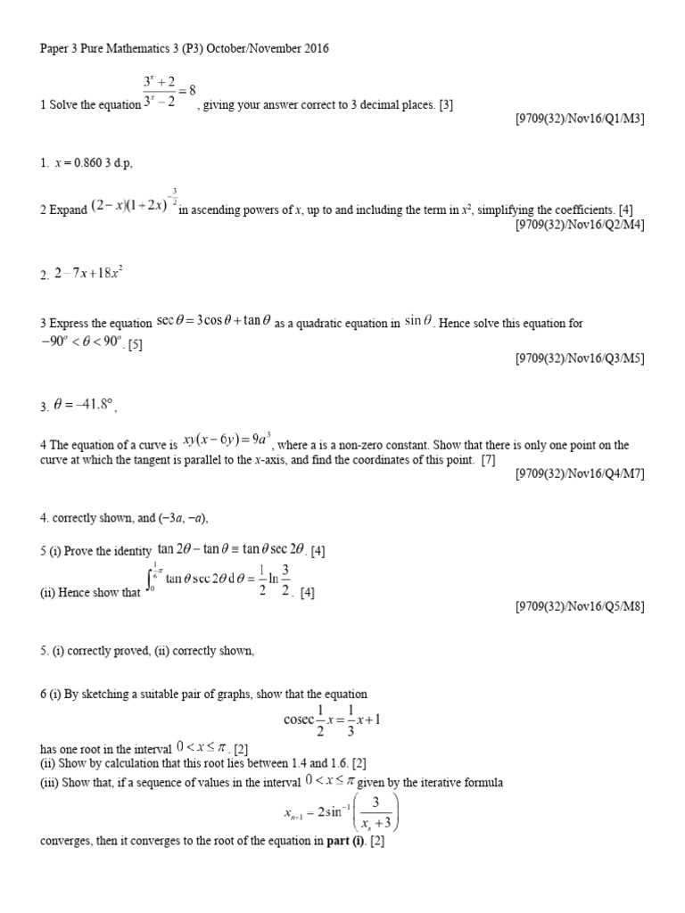 Pure Mathematics 3 P3 Exam Solutions 2016 | PDF | Equations | Line ...