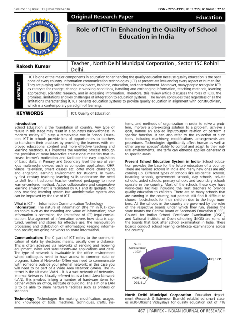 Role of Ict in Enhancing The Quality of School Education in India ...