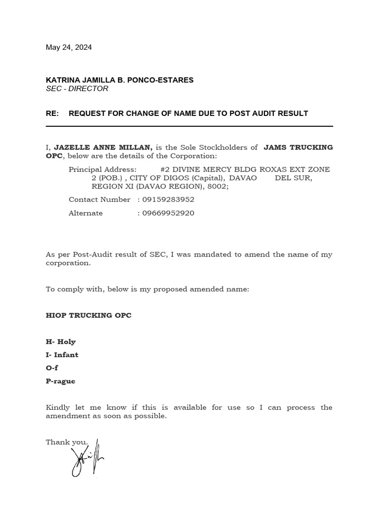 Sec request letter to change name pdf