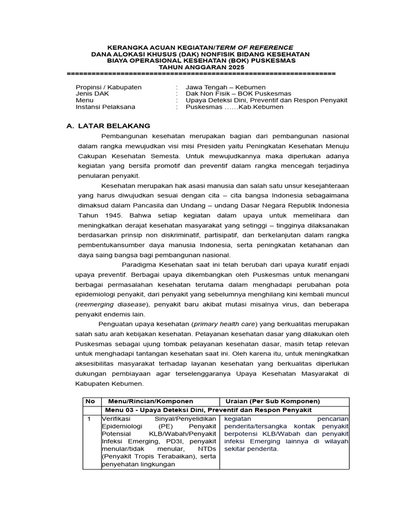 KAK - TOR Upaya Deteksi Dini Prefentif Dan Respon Penyakit TA 2025 | PDF