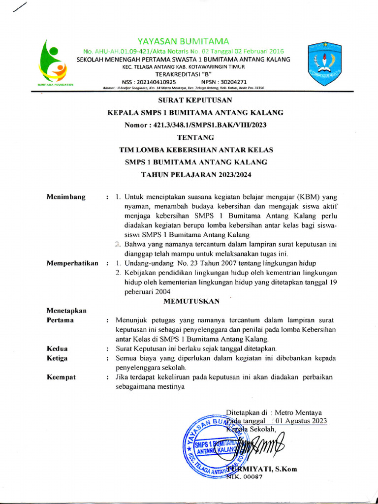 Sk Lomba Kebersihan Smps 1 Bak Pdf