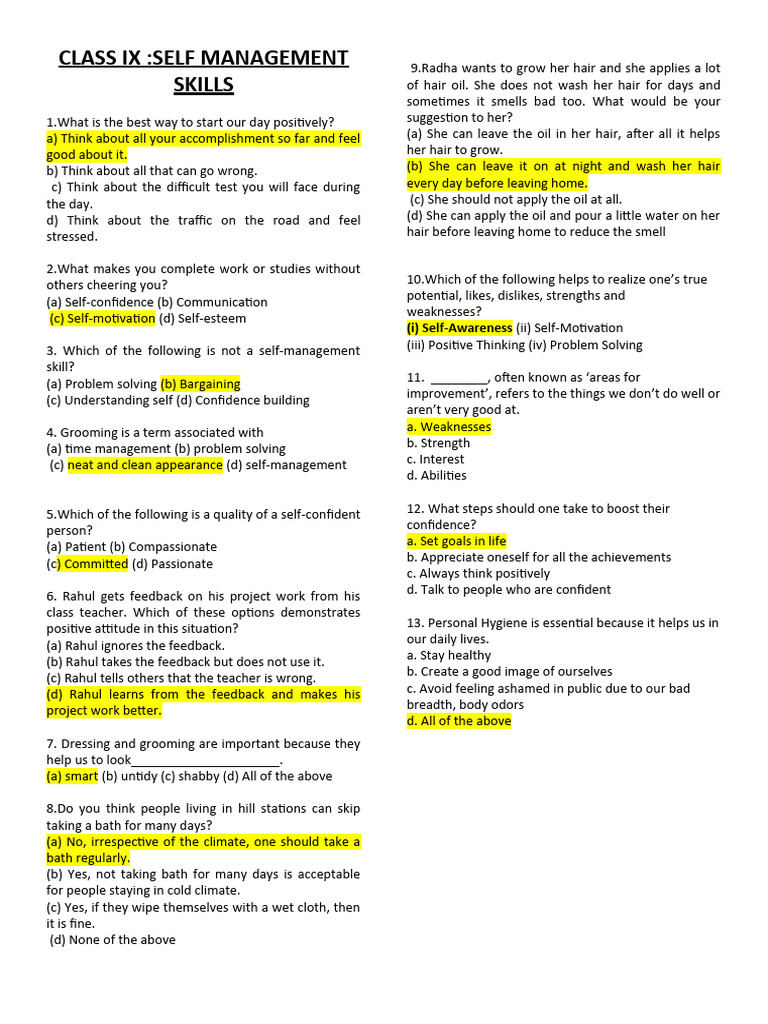 SELF MANAGEMENT SKILLS MCQ | PDF | Psychology | Psychological Concepts