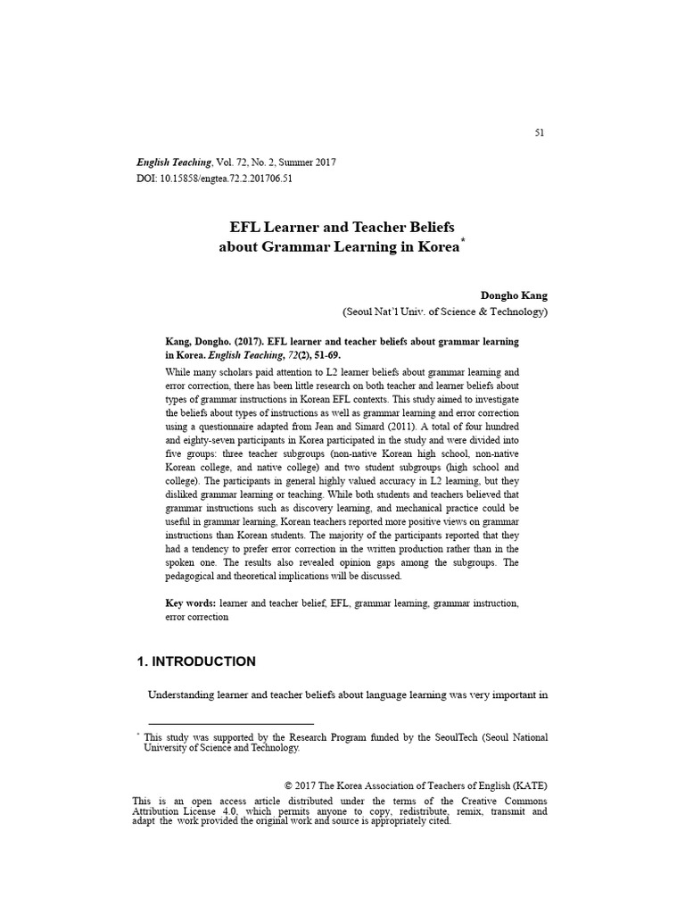 EFL Grammar Learning Beliefs in Korea | PDF | Second Language | English ...